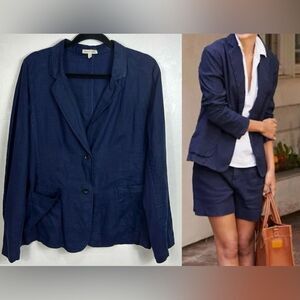Eileen Fisher Linen Cotton Mixed Media Blazer Jacket In Dark Blue Size XL